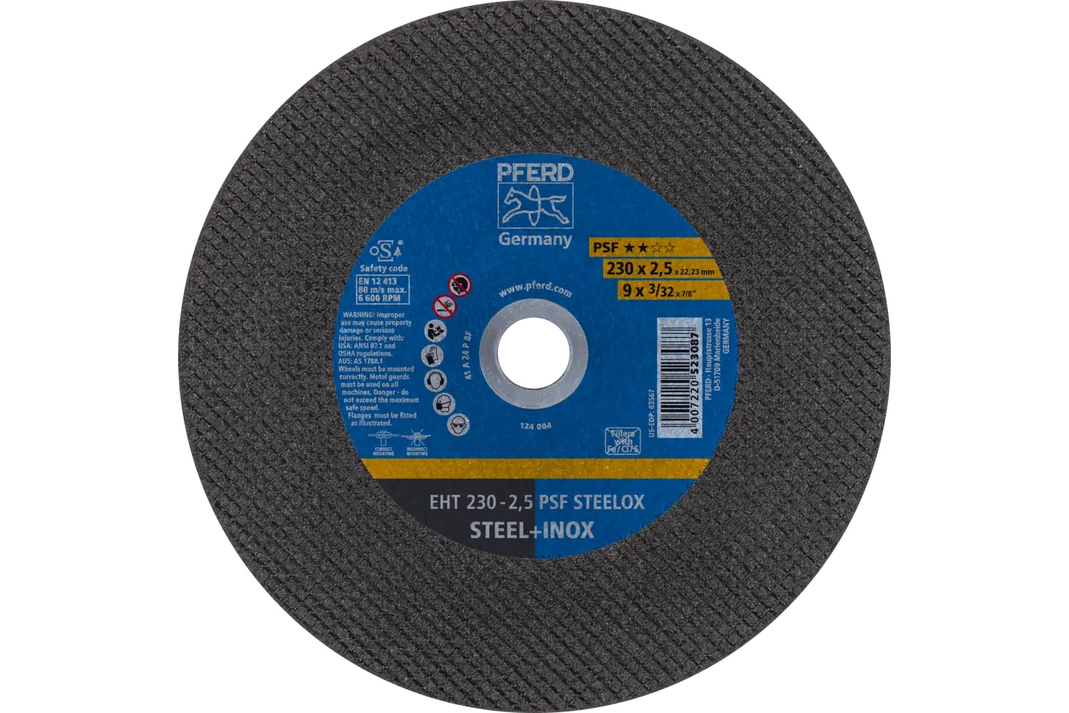 Picture of Pferd Cut-Off Wheel, 9" X 3/32 X 7/8, Psf Steelox, T1, Aluminum Oxide
